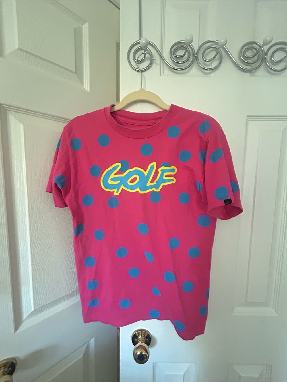 Tyler The Creator Golf Wang Hot Pink Tee with Blue Polka Dots and Yellow Logo
